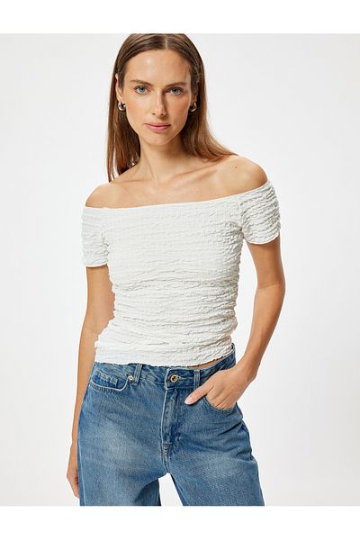 Koton Madonna Collar Off-The-Shoulder T-Shirt Textured Short Sleeve Slim Fit