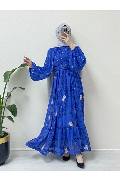 Modamorfo Φόρεμα Saks Chiffon - Συγκεντρωμένη μέση και λαιμόκοψη, μπαλόνι μανίκια και επένδυση