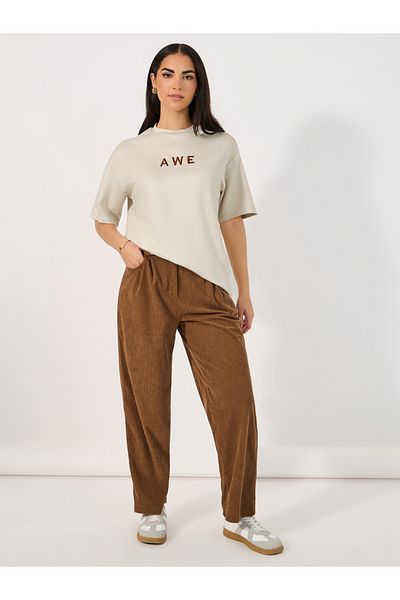 Styli Suede Look Oversized T-Shirt with Embroidered Slogan