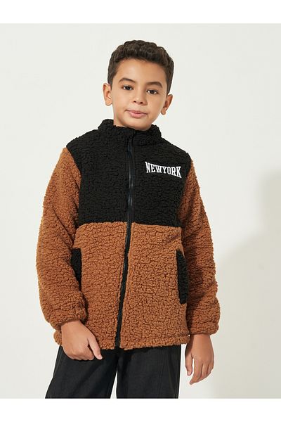 Styli Colorblock Embroidered Teddy Fuzzy Jacket