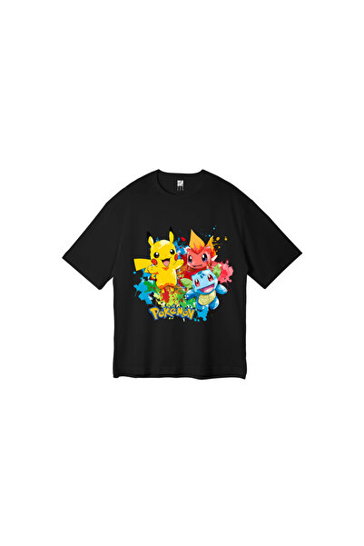 Zec Style Pokemon Pikachu Pikaçu Siyah Tişört Tişört Oversize T-shirt Unisex