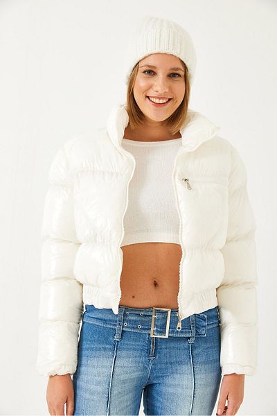 Bianco Lucci Dámský lakovaný kožený kabát v pase a rukávech s jednou kapsou elastický Crop Coat 938132 60261179