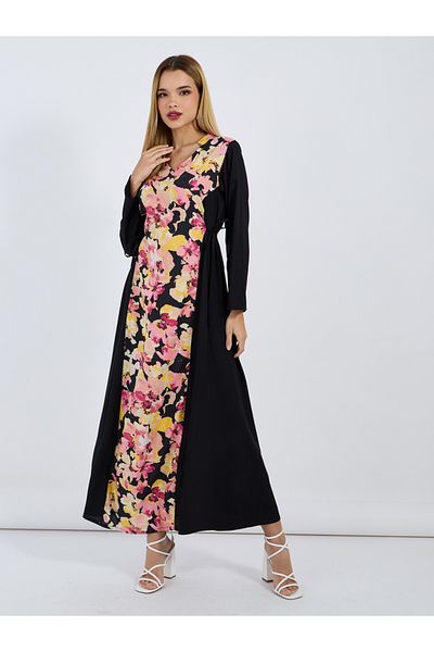 Styli Floral Front Panel Jalabiya with Side Tie Up Detail