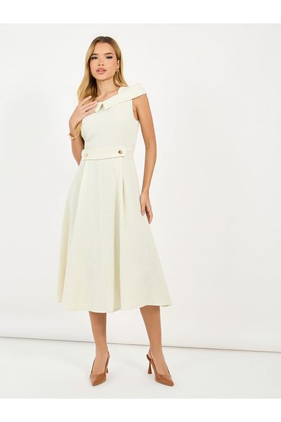 Styli Tweed Box Pleat Sleeveless A-Line Midi Dress