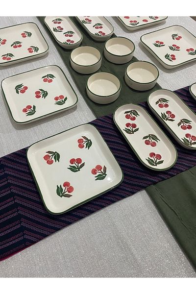 MTD SERAMİK Cherry Pattern Luxury Breakfast Set 14 Items for 6