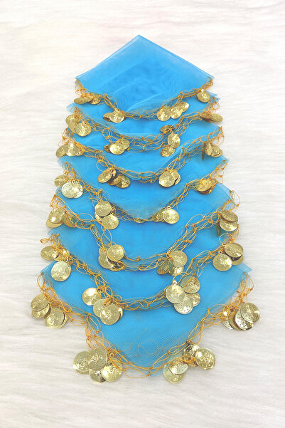 ZEYMERADE Mavi Gold Pullu Tül Halay Mendili 1 Adet, Gelin Damat Düğün Kına Sü...