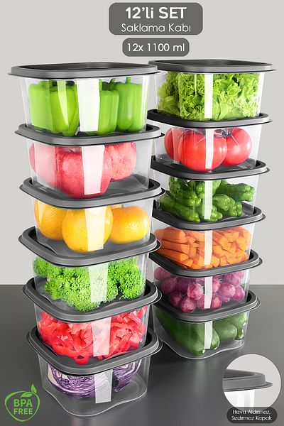 Meleni Home 1100ml Microwave Food Storage Container - 12 Pieces of Square Food, Anthracite