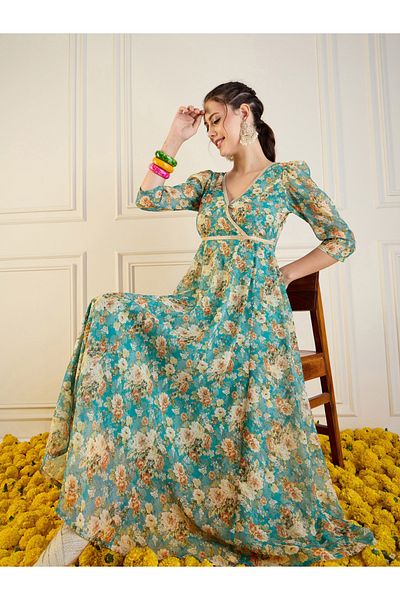 Sassafras By Styli All-Over Floral Print Anarkali Maxi Dress