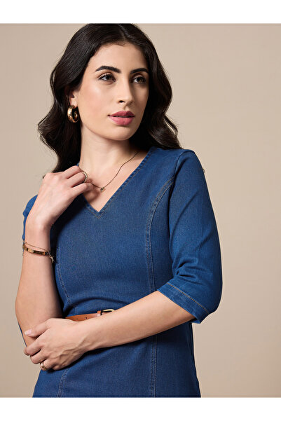 Sassafras By Styli V Neck Denim Midi Dress with Contrast Stitch Detail