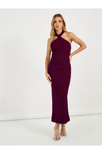 Styli Embellished Halter Neck Bodycon Maxi Dress