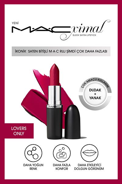 M.A.C Macximal Sleek Satin Lipstick Iconic Satin Finish Lipstick-Lovers Only 3.5Gm