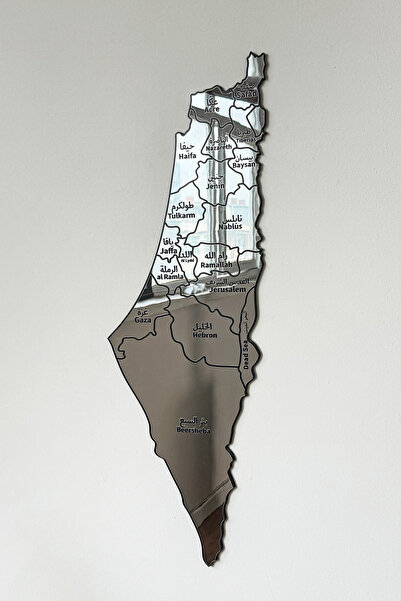 Colorfull Worlds Gray Acrylic Palestine Map on Wood 90X32 cm - Multi - Islamic Wall Art Home Office Mosque Decor