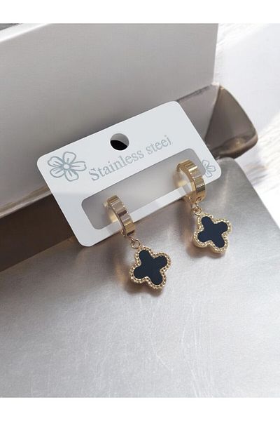 G&M Gift Shop Black Clover Detailed Women's Gold Color Steel Earrings