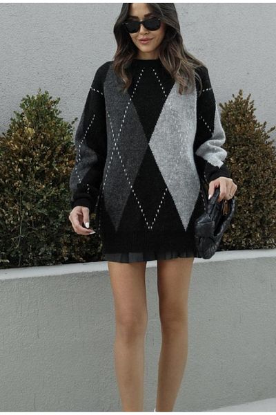 Alegante Oversize Diamond Patterned Knitwear Sweater