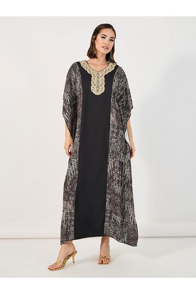 Styli Animal Print Kaftan with Lace Patch Accent