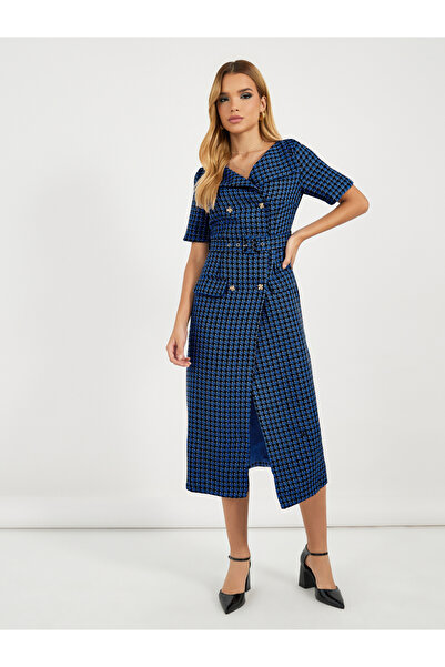Styli Checked Belted A-Line Blazer Midi Dress