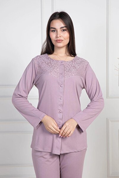 By Mecit Pijama Women's Plus Size Button-Down Long Sleeve Melisa Fabric Pajamas Set 75% Cotton 25% Viscose