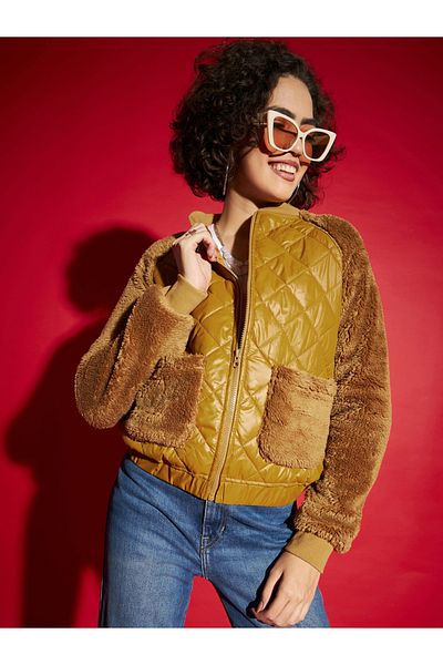 Sassafras By Styli Faux Fur Detail Bomber Jacket with Pockets