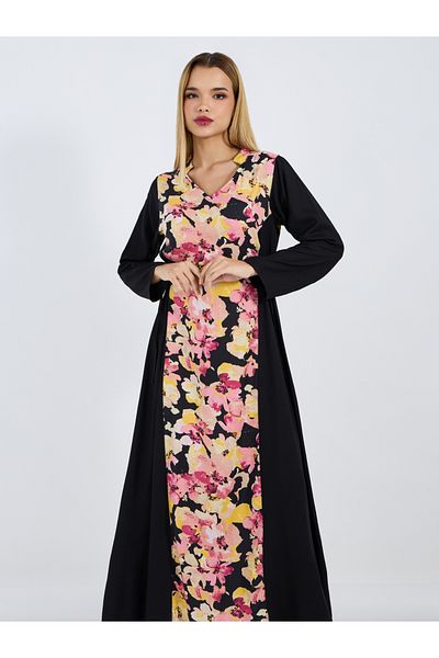 Styli Floral Front Panel Jalabiya with Side Tie Up Detail