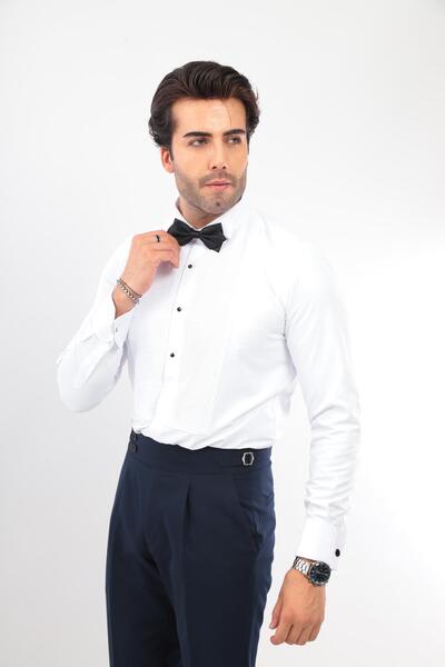 Fitmens Men's Slim Fit Tuxedo Shirt - Long Sleeve, Soft Satin, Groom Dress, White Fs- 001947