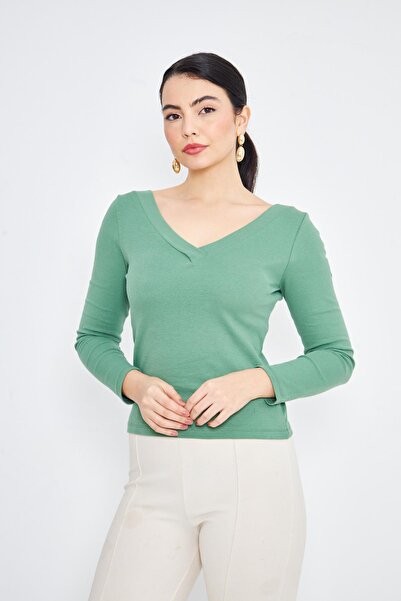 AMİDA Bluză verde pentru femei, cu decolteu în V adânc, cu mânecă lungă, cu c...