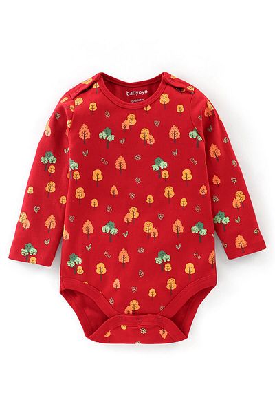 Babyoye Babyoye 100% Cotton Knit With Eco Jiva Finish Full Sleeves Onesies with Bib Jungle Print - Red