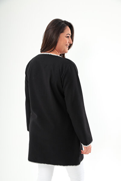 Şans Plus Size Black Embroidery Thin Stamp Jacket - with Scarf Accessories Unlined 65N38663