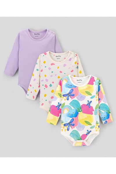 Bonfino 100% Cotton Knit Full Sleeve Solid Colour& Butterfly Printed Onesies Pack of 3-Ivory& Lilac