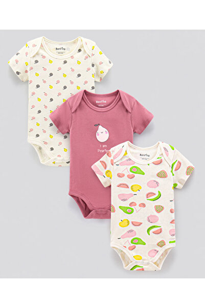 Bonfino Half Sleeves Onesies Fruits Print Pack of 3 - Ivory Pink