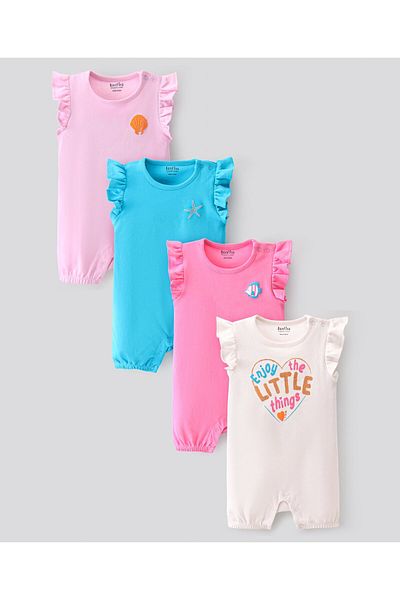 Bonfino 100% Cotton Knit Frill Sleeves Rompers Text Print Pack of 4 - Multicolour