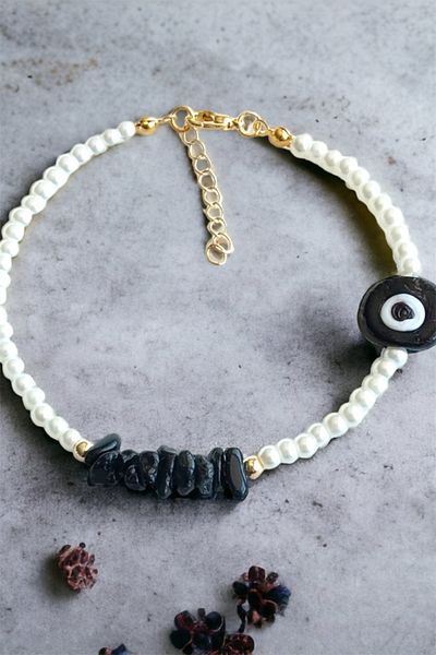 Sose Moda Black Evil Eye Beaded Broken Natural Stone Bracelet