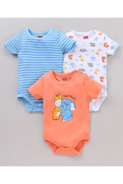 Babyhug %100 Pamuklu Kısa Kollu Tek Parça Tulumlar çizgili و Hayvan Desenli 3'lü Paket - çok Renkli