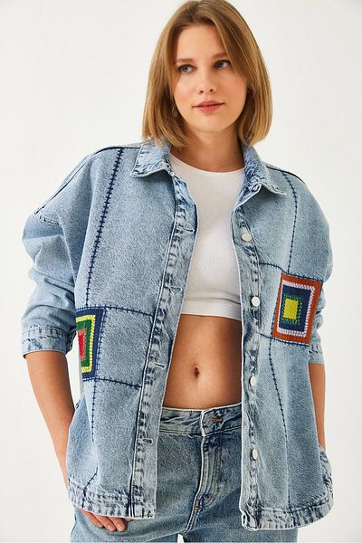 Bianco Lucci Damen-Jeansjacke mit ovalem Schnitt und Stickereidetails 60261192