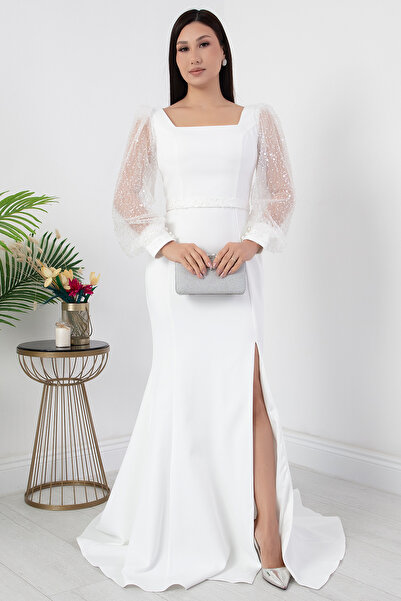 PULLIMM Вечірня сукня з квадратним вирізом, рукавами та бісерною обробкою на талії ECR5434