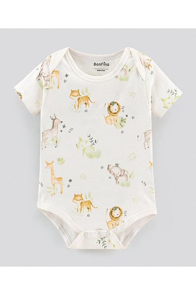 Bonfino Half Sleeves Onesies Stripe & Animal Print Pack of 3 - OffWhite Yellow