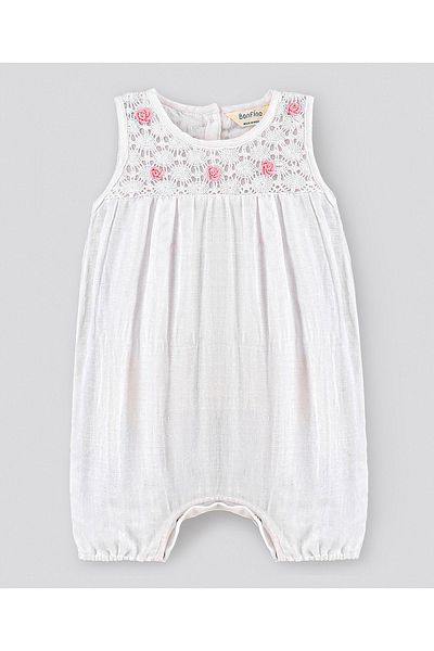 Bonfino Bonfino girls Sleeveless Romper with Lach and Crocheted flowers detailing - White