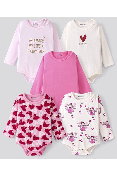 Bonfino %100 Pamuklu Örme Uzun Kollu Tek Parça Tulumlar Kalp ve Metin Baskılı 5'li Paket - Pembe ve Beyaz