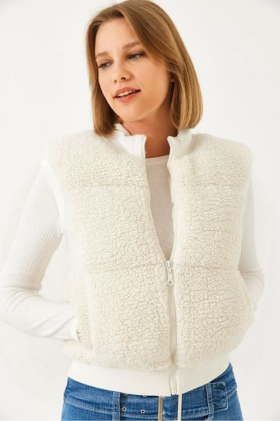 Bianco Lucci Women's Ribbed Pocket Detailed Zippered Teddy Vest 939125 60261183