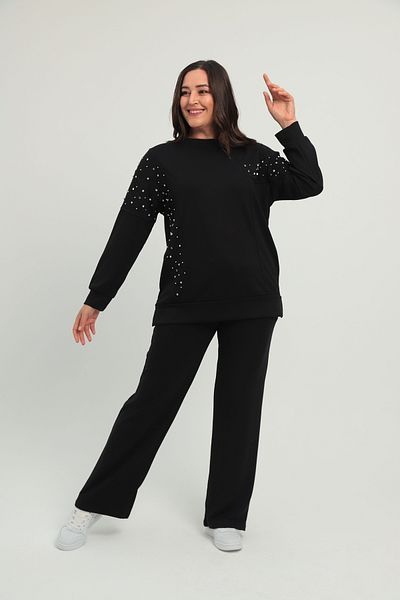 Şans Women's Plus Size Black Stone Detailed Crew Neck Tracksuit Suit 65N38662