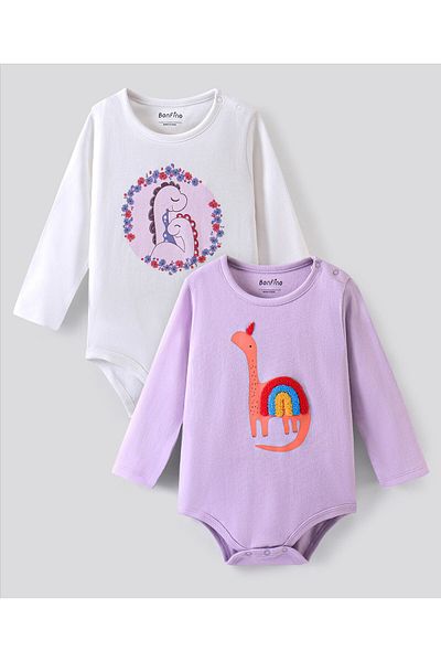 Bonfino 100% Cotton Knit Full Sleeves Onesies Dino Print Pack of 2 - Lilac & White