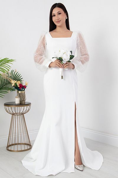 PULLIMM Square Neckline Sleeves and Waist Beading Detail Evening Dress Ecr5434