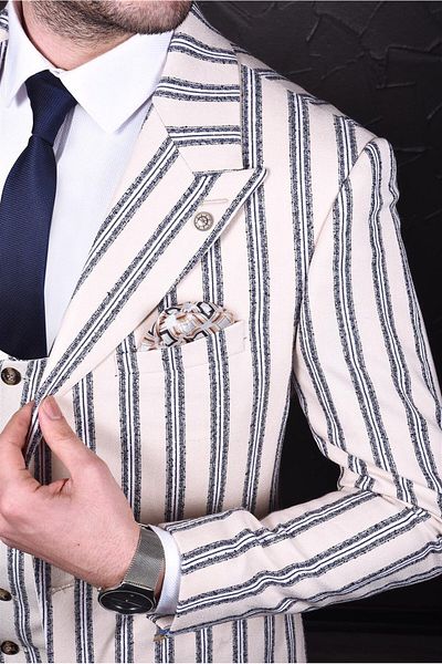 AGUSTİNİ Ecru Color, Dark Navy Blue Striped Vest Suit |   Agustin