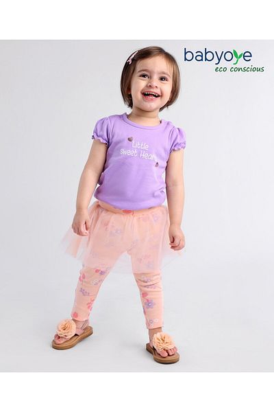 Babyoye Eco-Conscious Cotton Eco-Jiva Finish Puff Sleeve Onesie,Leggings Floral Print-Purple,Peach