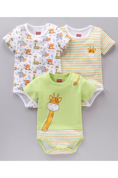 Babyhug 3'lü Hayvan Baskılı çizgili Tek Parça Tulum Paketi - Yeşil ve Beyaz