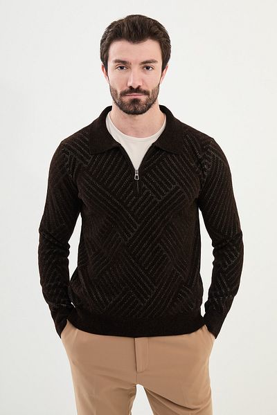 Mcr Patterned Slim Fit Zippered Polo Collar Men's Knitwear Sweater Brown - 11521.24K