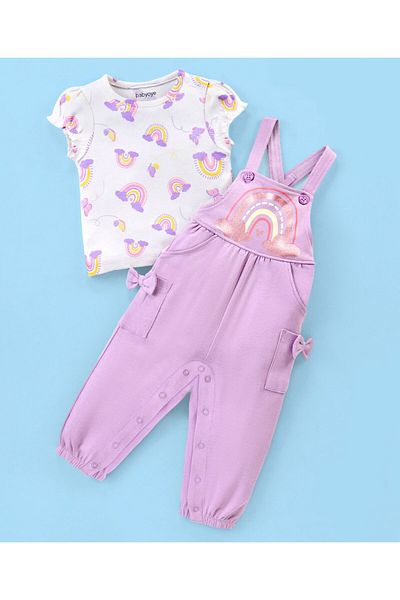 Babyoye طقم بدلة رياضية وزرة قطنية نصف كم من Eco Conscious - نمط قوس قزح، أرجواني وأبيض