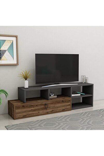 ARNETTİ Duru Modern Tasarım Tv Ünitesi – Kapaklı Ve Raflı, Ceviz Antrasit Renkli