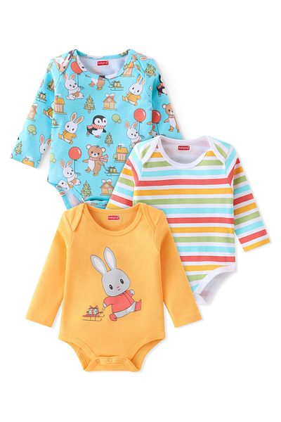 Babyhug %100 Pamuklu Örme Uzun Kollu Tek Parça Tulumlar Tavşan Desenli 3'lü Paket - çok Renkli