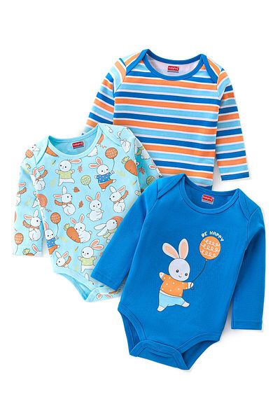 Babyhug قطعة واحدة محبوكة بأكمام طويلة من القطن بنسبة 100% مكونة من 3 قطع مع طباعة أرنب - أزرق وبرتقالي