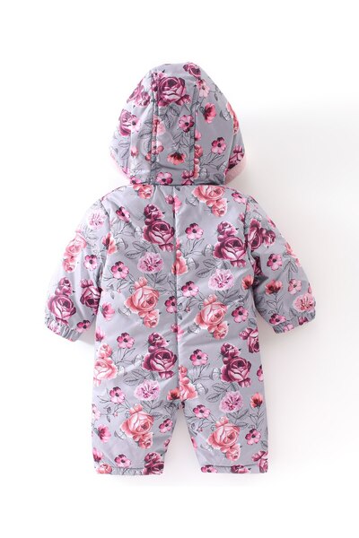 Babyhug Babyhug Woven Full Sleeves Winter Wear Hooded Romper with Front Zipper Floral Print - Purple & Pink